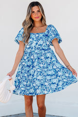 Blue Floral Puff Sleeve Babydoll Mini Dress Floral Dresses JT's Designer Fashion