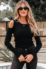 Black Ribbed Knit Cold Shoulder Sweater Black 52%Viscose+26%Polyester+22%Polyamide Sweaters JT's Designer Fashion