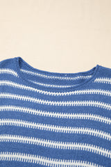 Sky Blue Stripe Drop Shoulder O Neck Plus Size Sweater Plus Size Sweaters & Cardigans JT's Designer Fashion