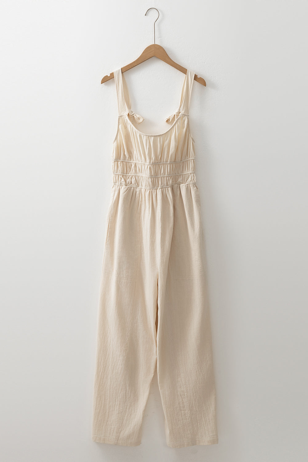 Beige Ruched High Waist Sleeveless Wide Leg Jumpsuit Jumpsuits & Rompers JT's Designer Fashion
