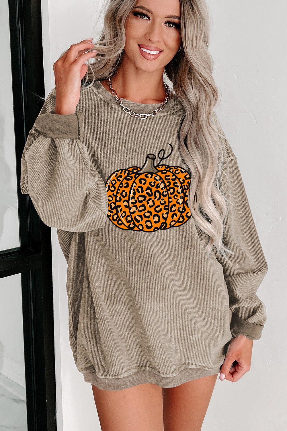Khaki Halloween Leopard Pumpkin Graphic Corded Sweatshirt Graphic Sweatshirts JT's Designer Fashion