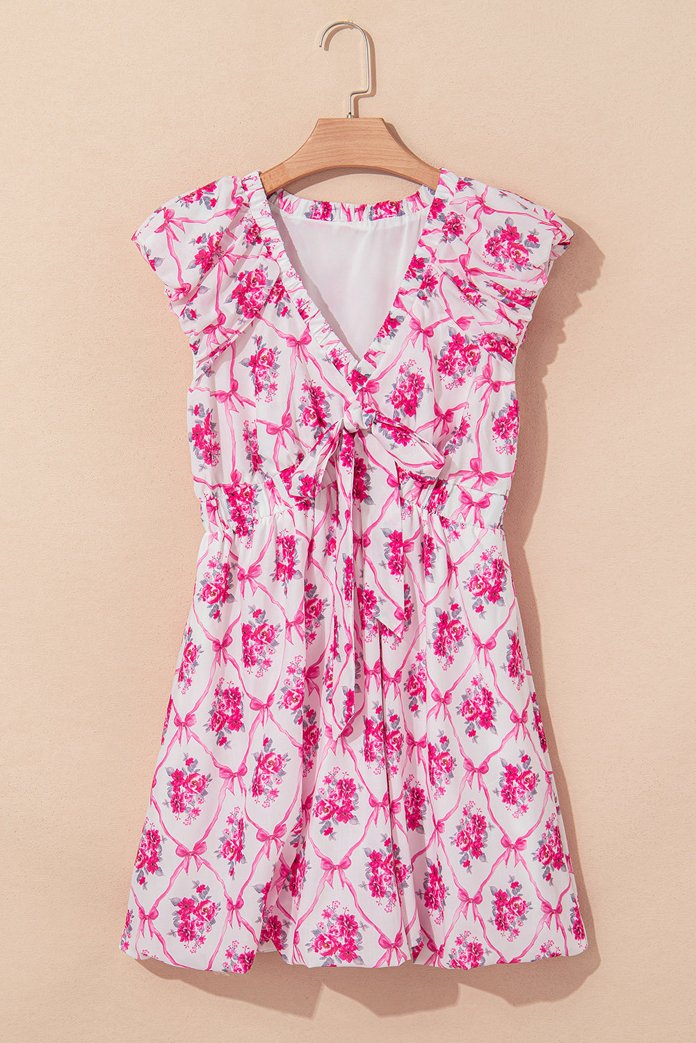 Multicolour Bow Lattice Floral Print V Neck Knot Decor Mini Dress Floral Dresses JT's Designer Fashion