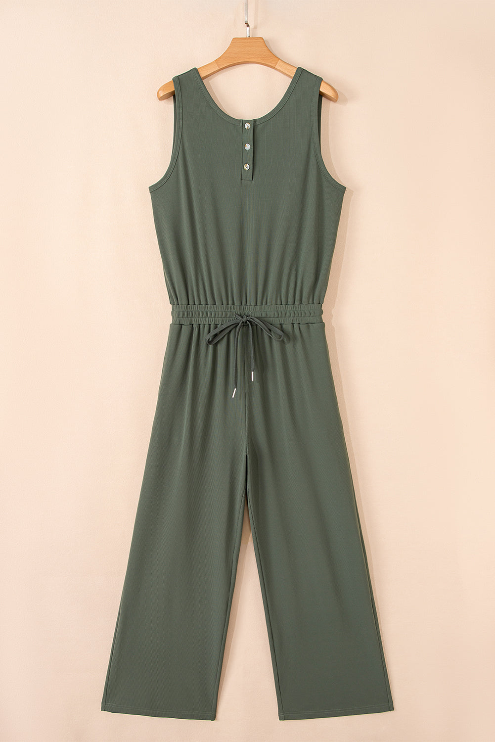Vineyard Green Buttoned Drawstring Waist Sleeveless Wide Leg Jumpsuit Jumpsuits & Rompers JT's Designer Fashion