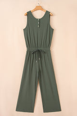 Vineyard Green Buttoned Drawstring Waist Sleeveless Wide Leg Jumpsuit Jumpsuits & Rompers JT's Designer Fashion