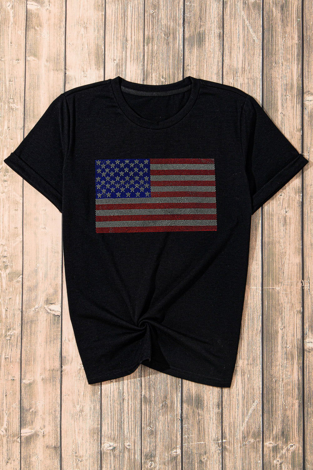 Black Rhinestone American Flag Round Neck Casual Tee Graphic Tees JT's Designer Fashion