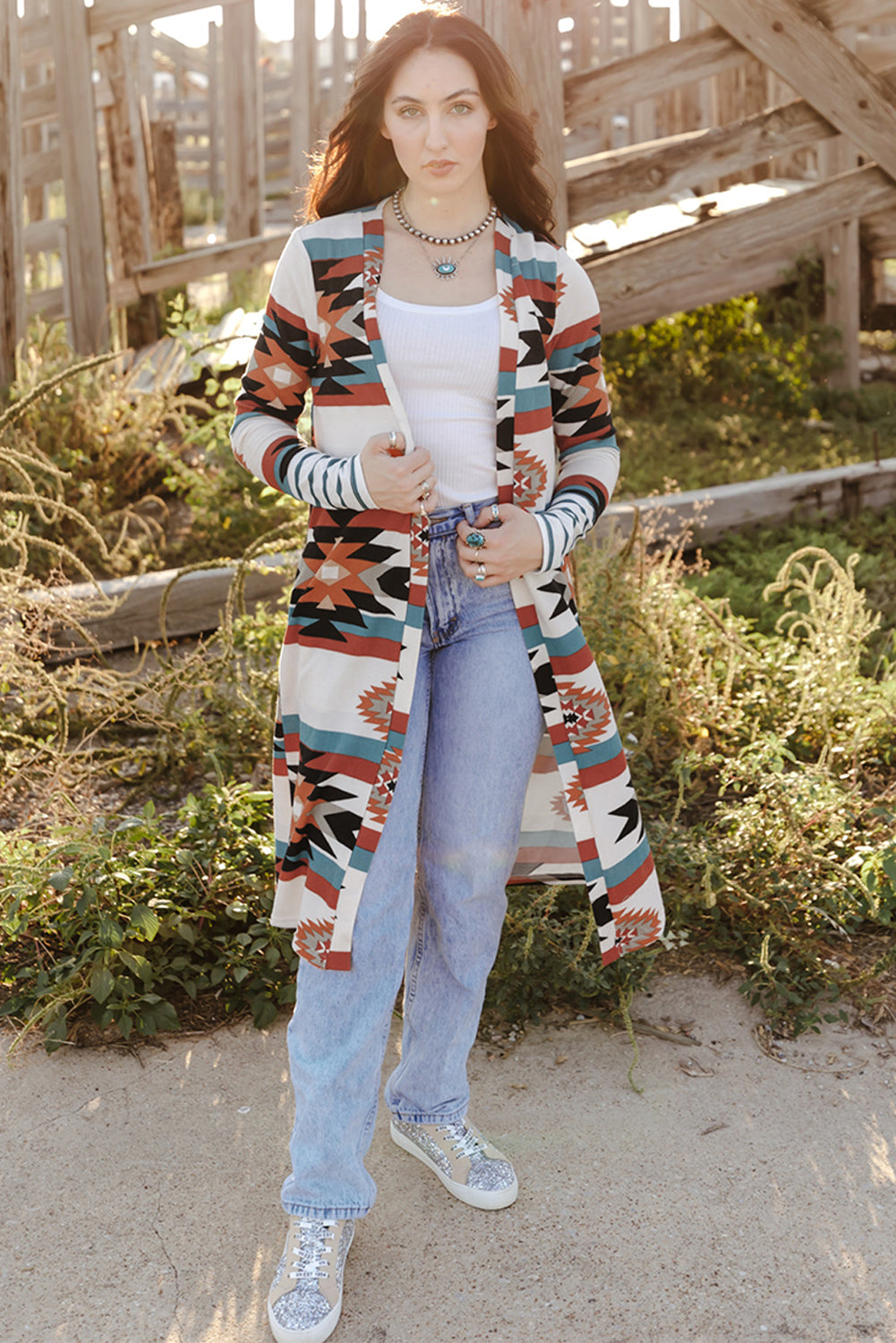 Multicolor Geometric Color Block Open Front Long Cardigan Sweaters & Cardigans JT's Designer Fashion