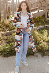 Multicolor Geometric Color Block Open Front Long Cardigan Sweaters & Cardigans JT's Designer Fashion