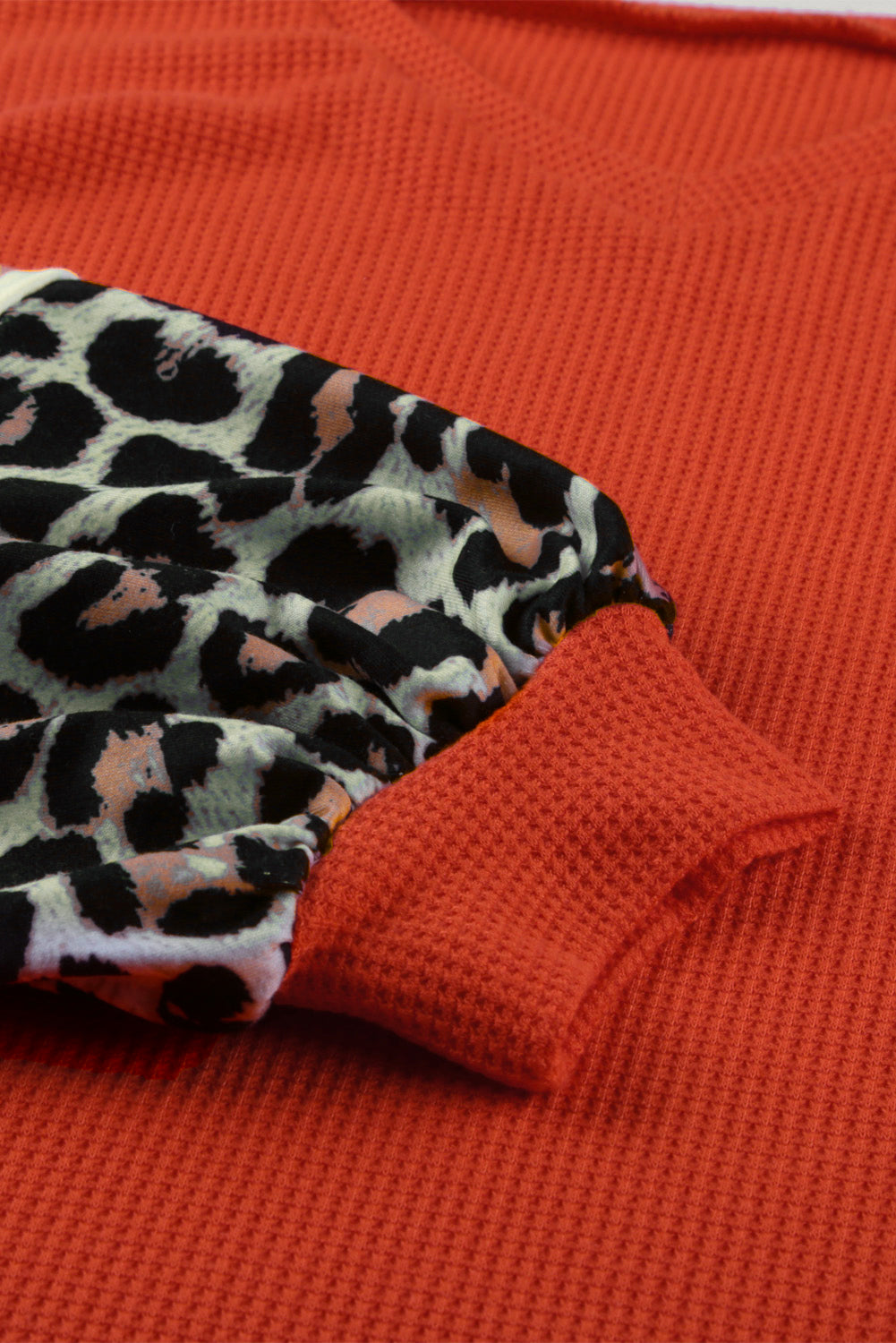 Orange V Neck Leopard Stripe Splice Lantern Sleeve Top Long Sleeve Tops JT's Designer Fashion