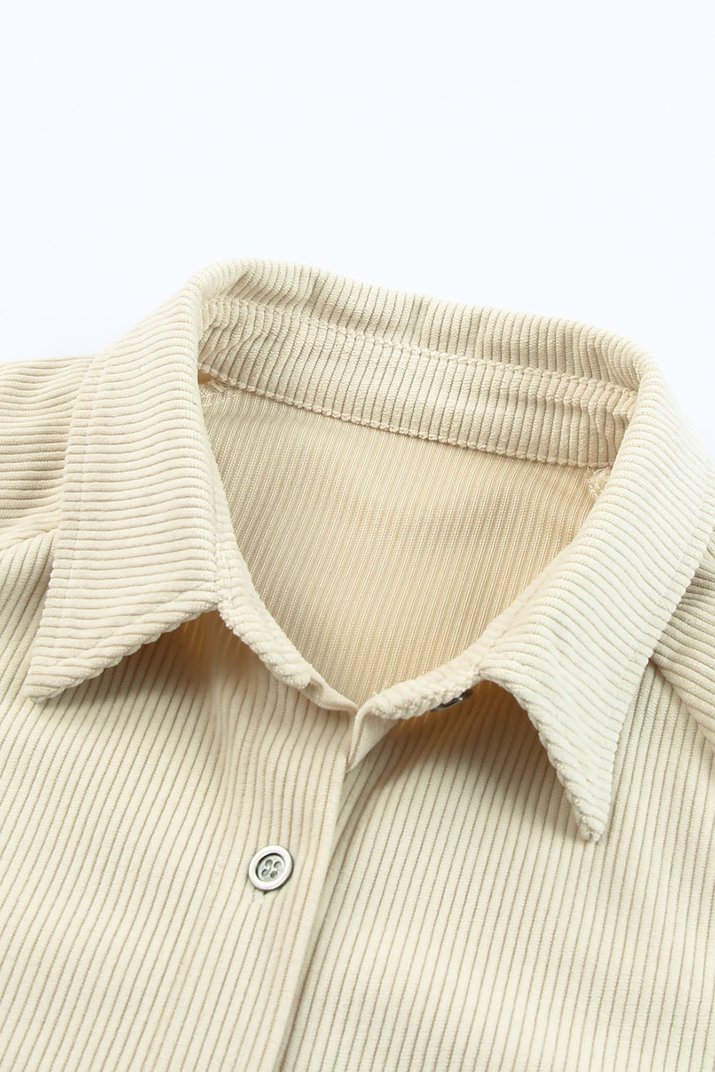 Beige Corduroy Shirt Style Full Button Long Sleeve Shift Mini Dress Mini Dresses JT's Designer Fashion
