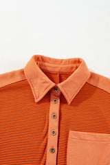Orange Stripe Exposed Seam Henley Turn-down Neck Puff Sleeve Sweatshirt Sweatshirts & Hoodies JT's Designer Fashion