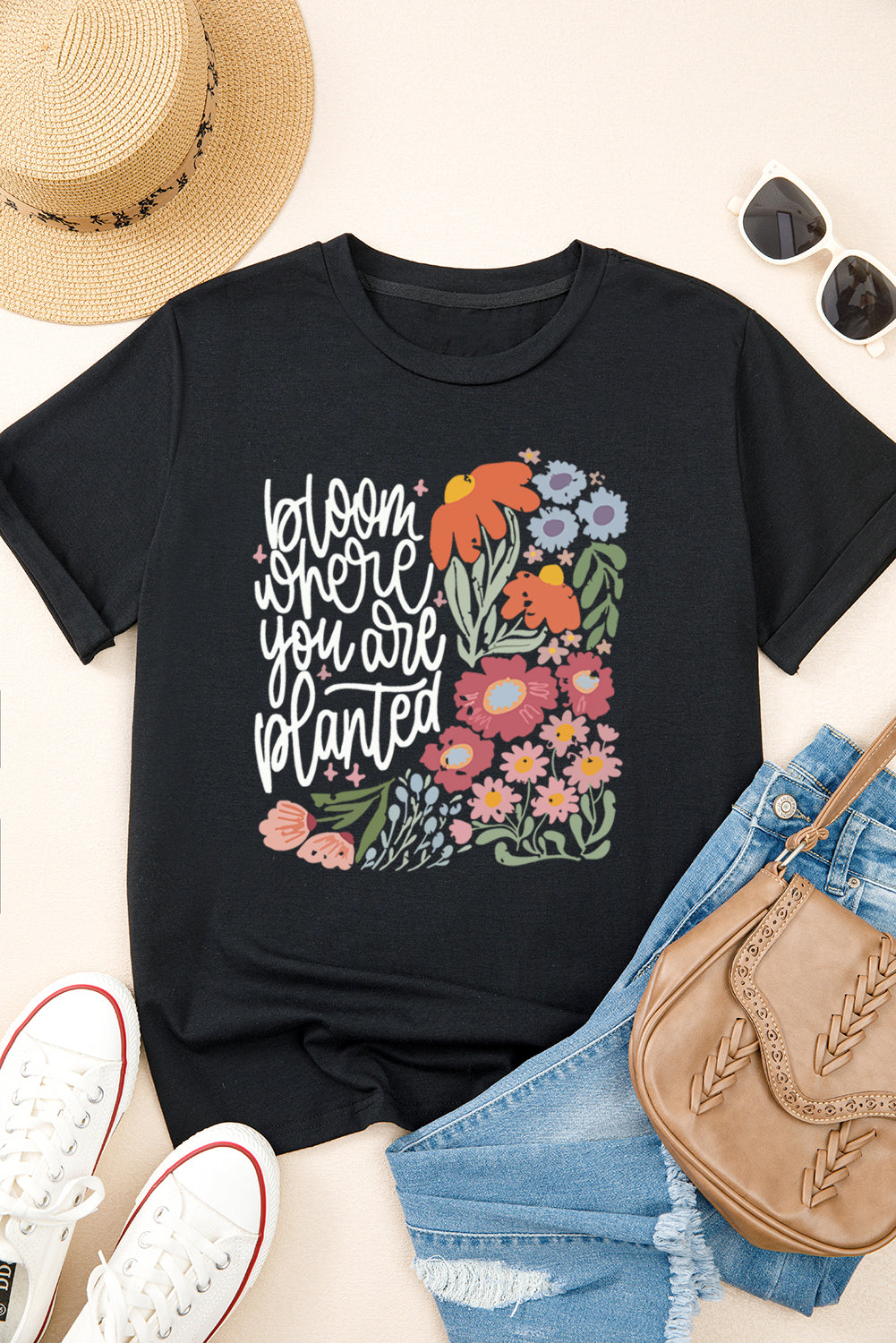 Black bloom where you are planted Floral Printed T Shirt Graphic Tees JT's Designer Fashion