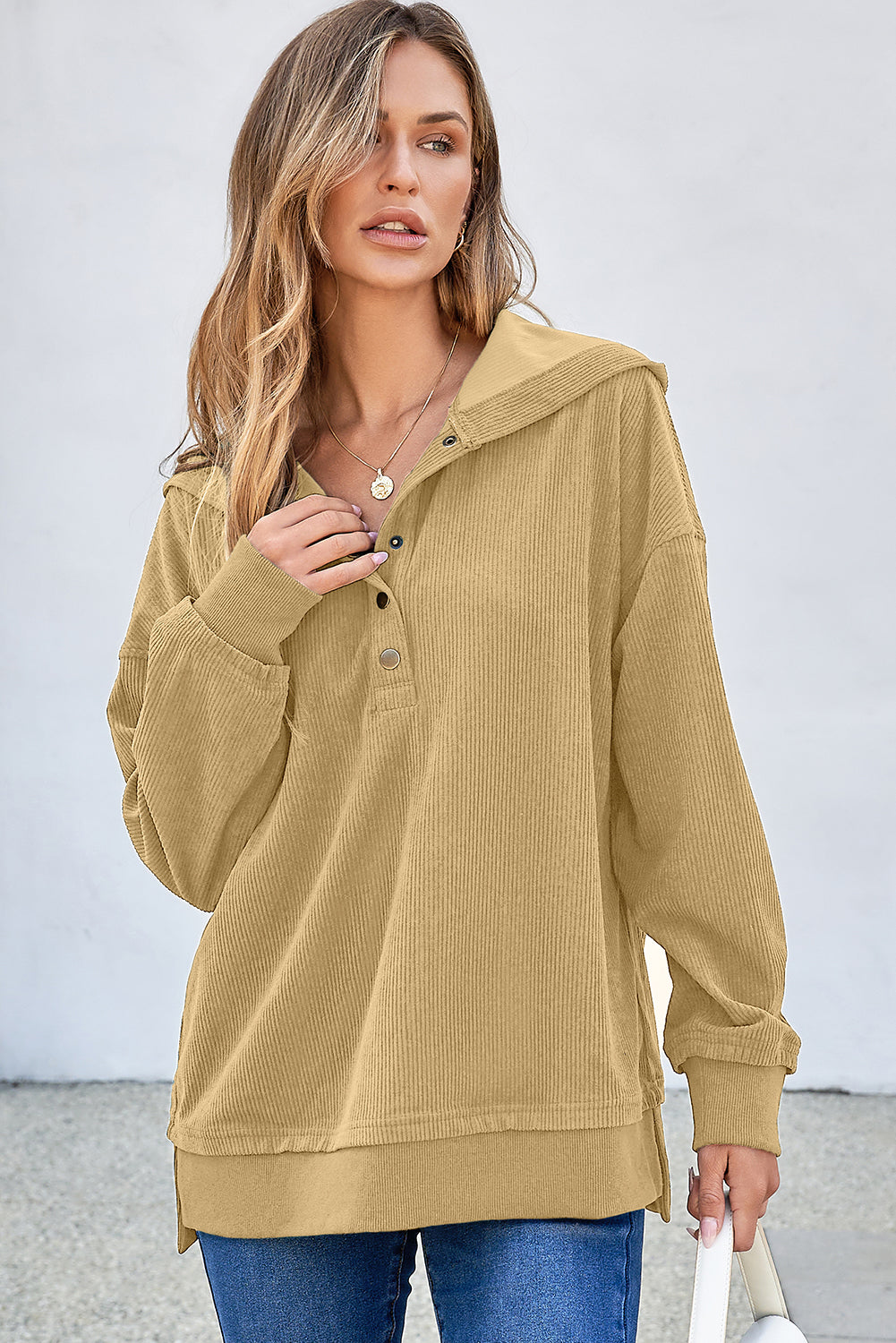 Simply Taupe Solid Ribbed Knit Buttoned Drop Shoulder Oversized Hoodie Sweatshirts & Hoodies JT's Designer Fashion