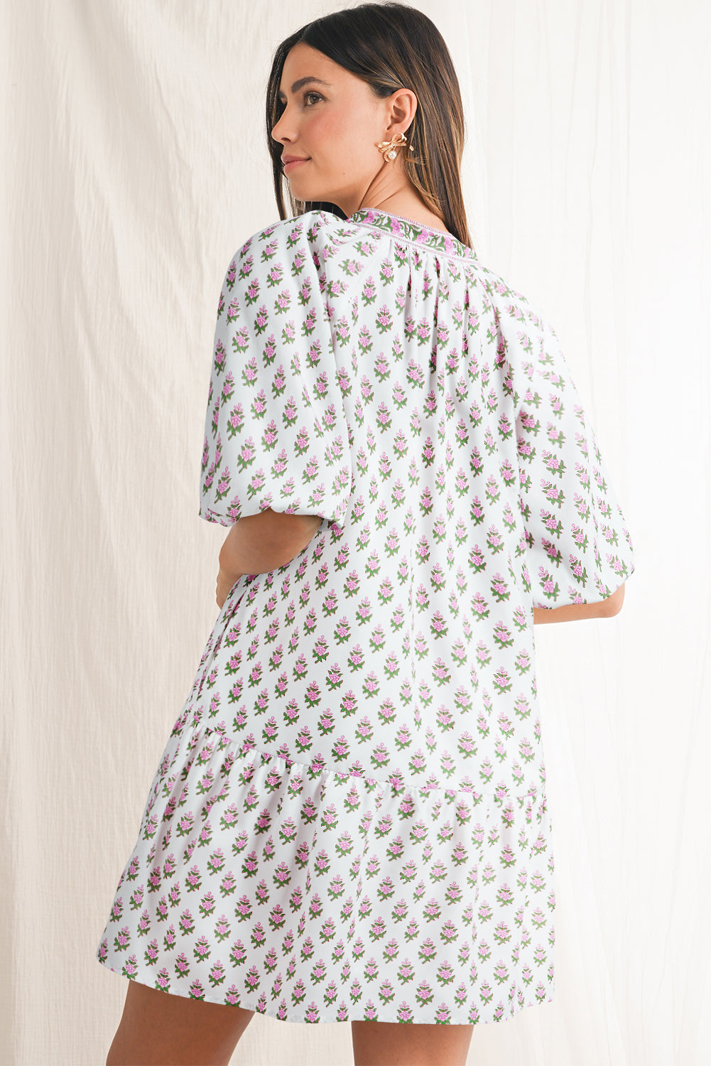 Pink Floral Print Bubble Sleeve Neck Tie Ruffled Dress Floral Dresses JT's Designer Fashion