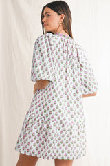 Pink Floral Print Bubble Sleeve Neck Tie Ruffled Dress Floral Dresses JT's Designer Fashion