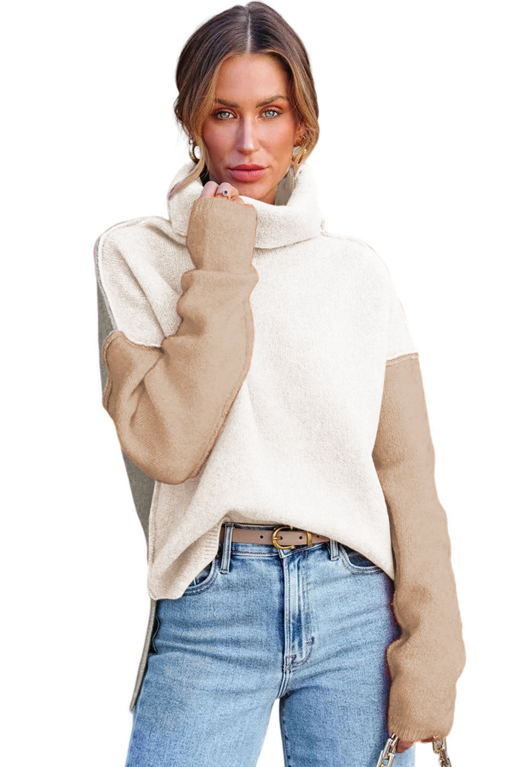 White Color Block Turtle Neck Drop Shoulder Knit Sweater Sweaters JT's Designer Fashion