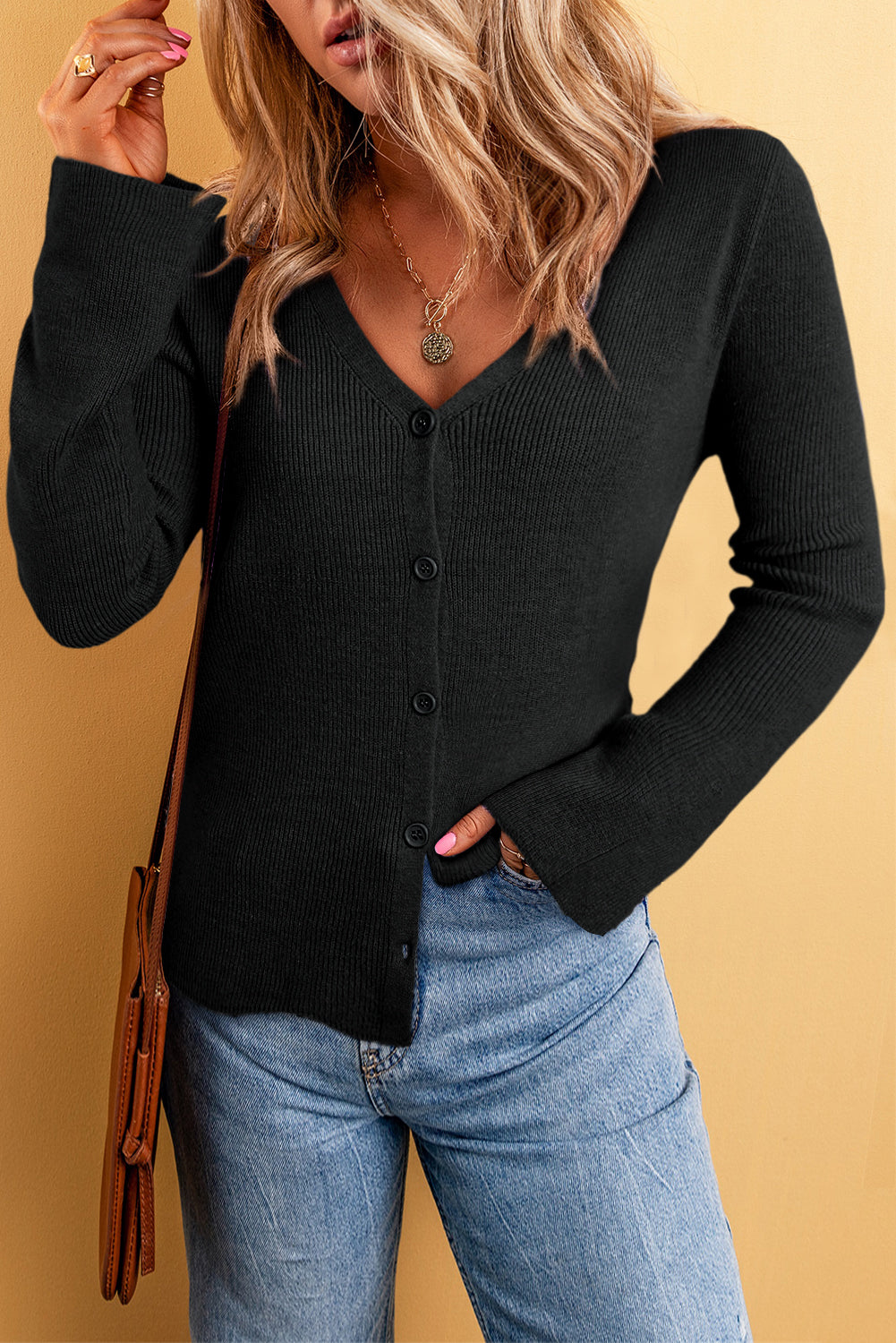 Black Lightweight Ribbed Knit Button Front V Neck Cardigan Black 50%Viscose+28%Polyester+22%Polyamide Cardigans JT's Designer Fashion