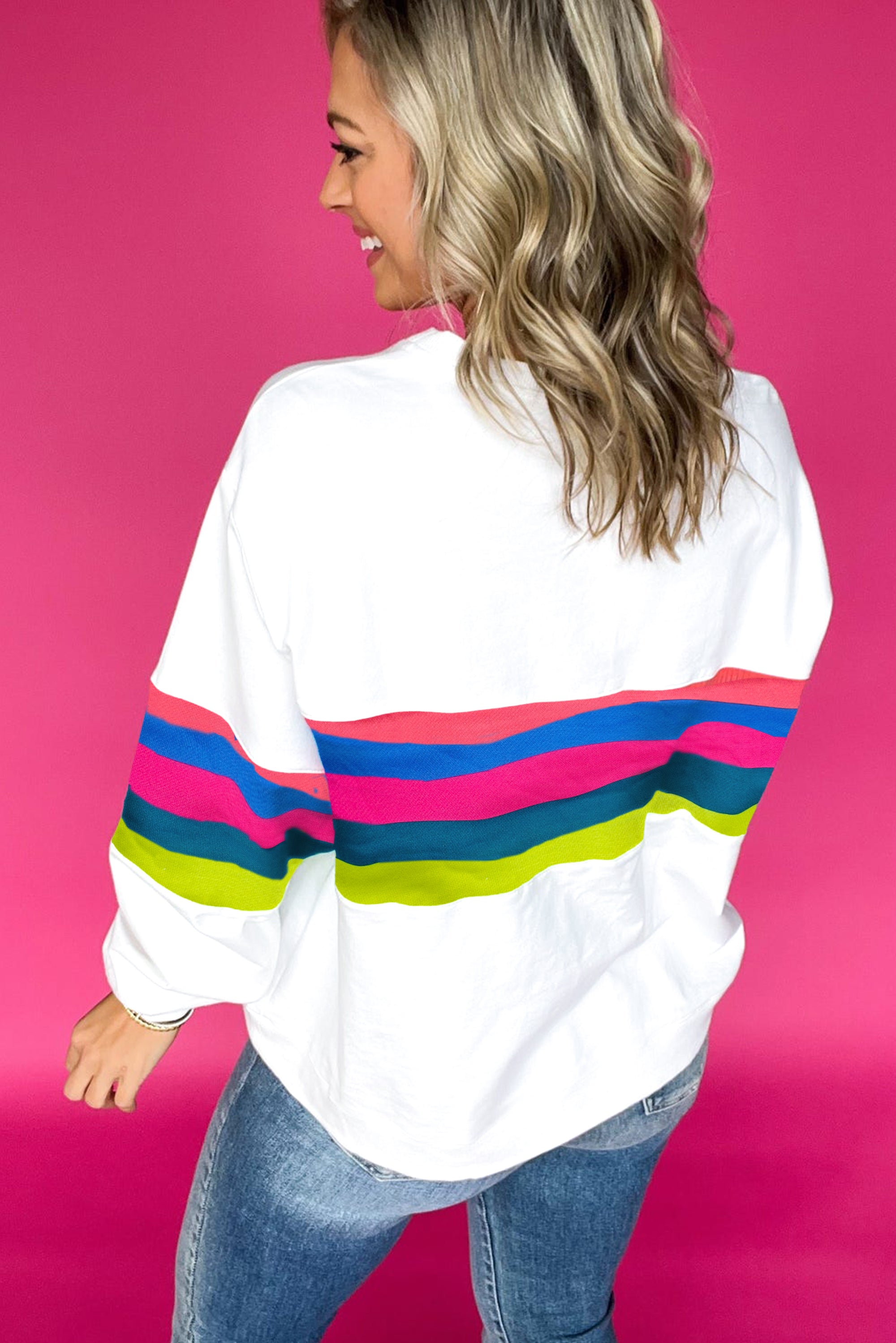 White Colorful Striped Accent Long Sleeve T Shirt Long Sleeve Tops JT's Designer Fashion