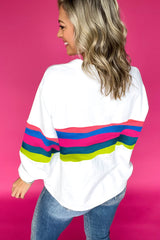 White Colorful Striped Accent Long Sleeve T Shirt Long Sleeve Tops JT's Designer Fashion