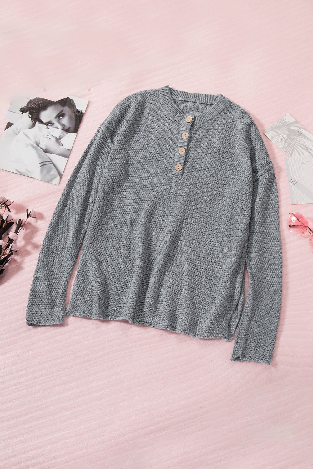 Gray Henley Pullover Drop Shoulder Sweater with Slits Sweaters & Cardigans JT's Designer Fashion