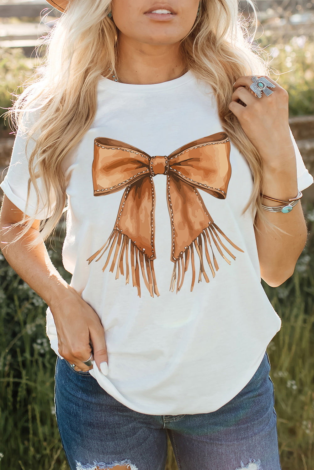White Tassel Bowknot Print Round Neck Western Fashion T Shirt Graphic Tees JT's Designer Fashion