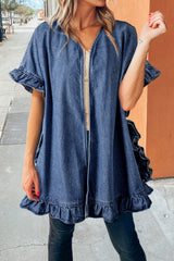 Dusk Blue Chambray Ruffle Hem Half Sleeve Open Loose Kimono Dusk Blue 80%Cotton+20%Polyester Kimonos JT's Designer Fashion