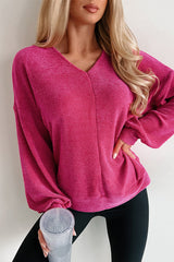 Rose Red Textured Long Sleeve V Neck Top Long Sleeve Tops JT's Designer Fashion