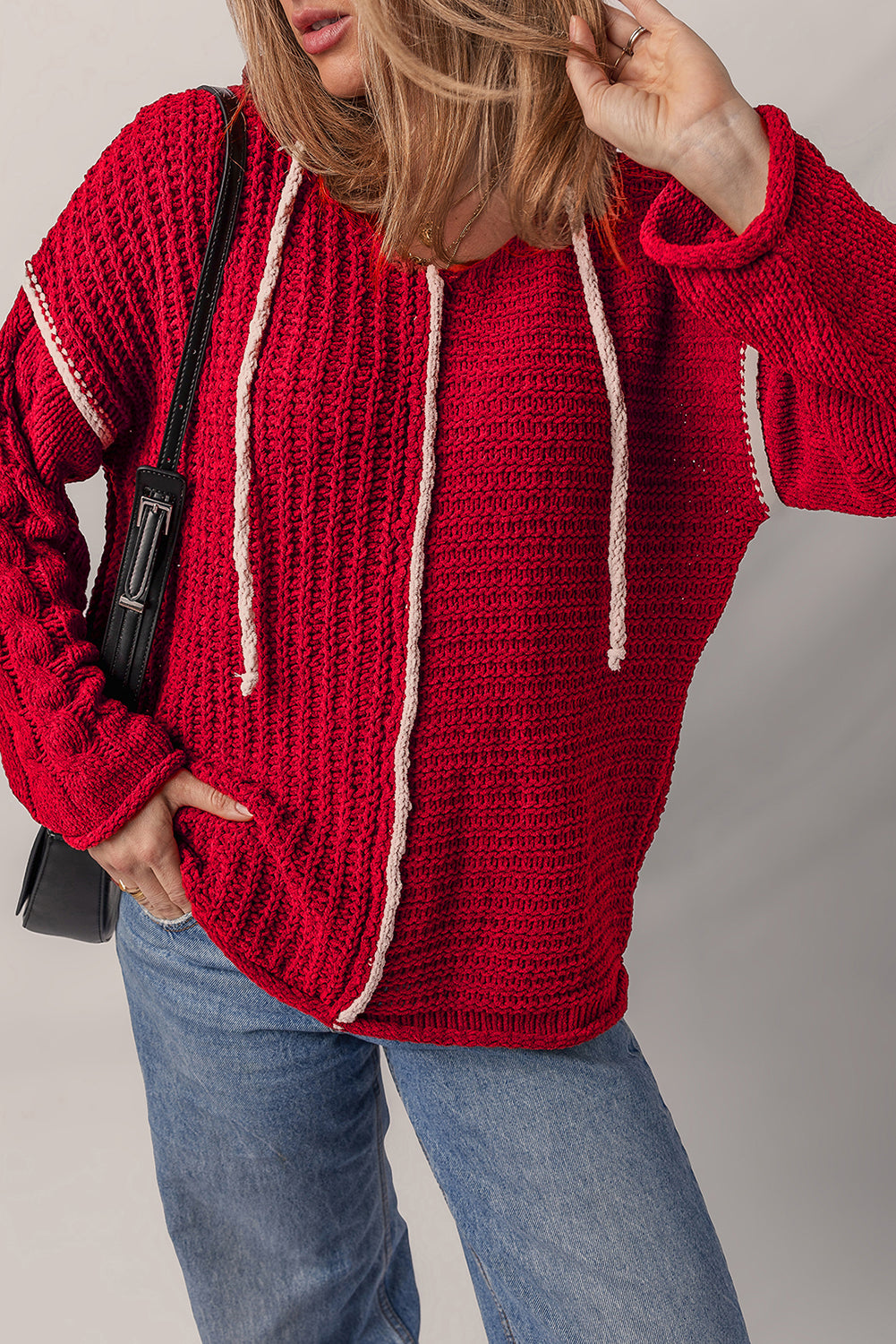 Racing Red Color Contrast Trim Textured Knit Drawstring Hooded Sweater Sweaters JT's Designer Fashion
