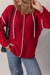 Racing Red Color Contrast Trim Textured Knit Drawstring Hooded Sweater Sweaters JT's Designer Fashion