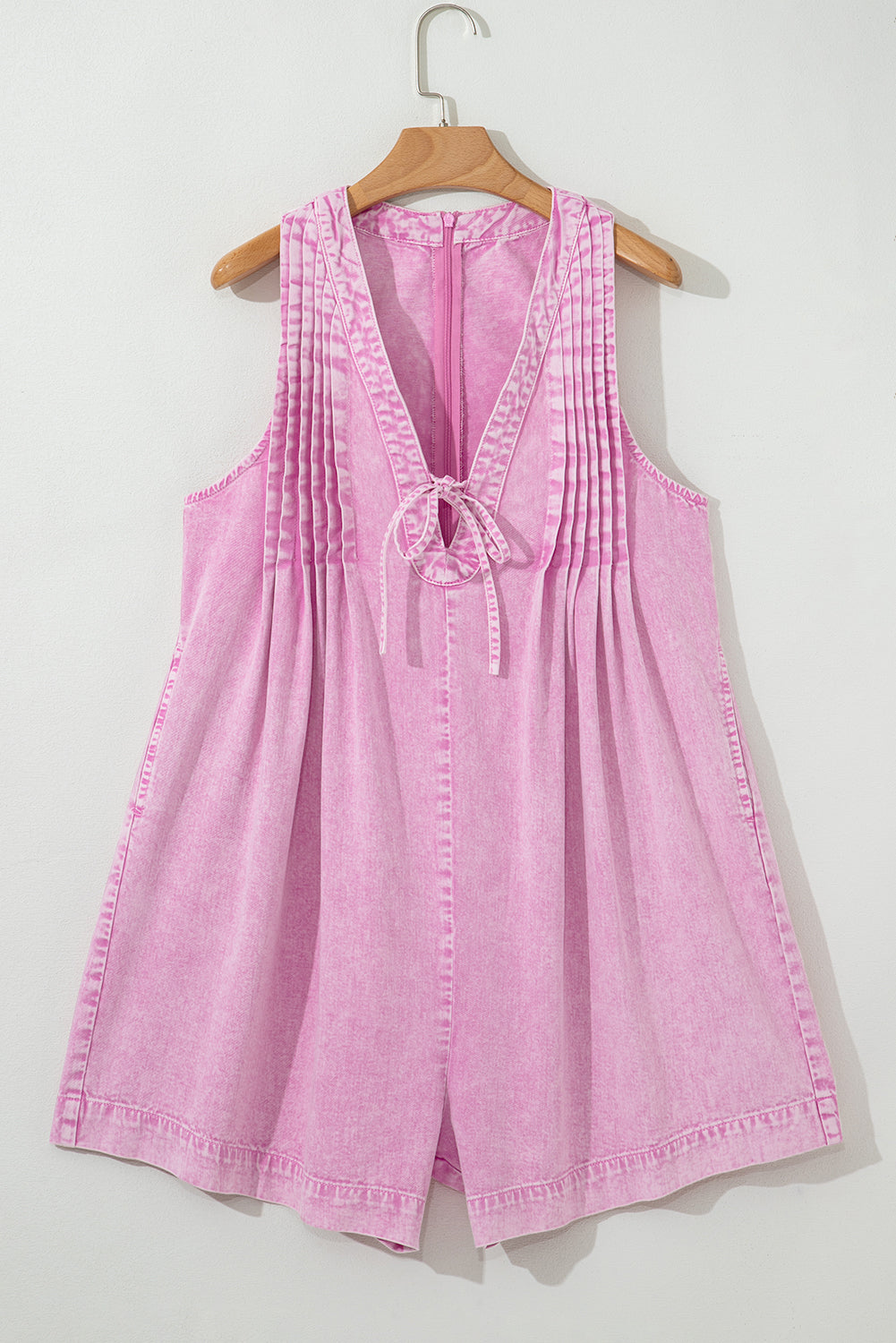 Bonbon Mineral Wash Pleated Bust V Neck Sleeveless Denim Romper Jumpsuits & Rompers JT's Designer Fashion