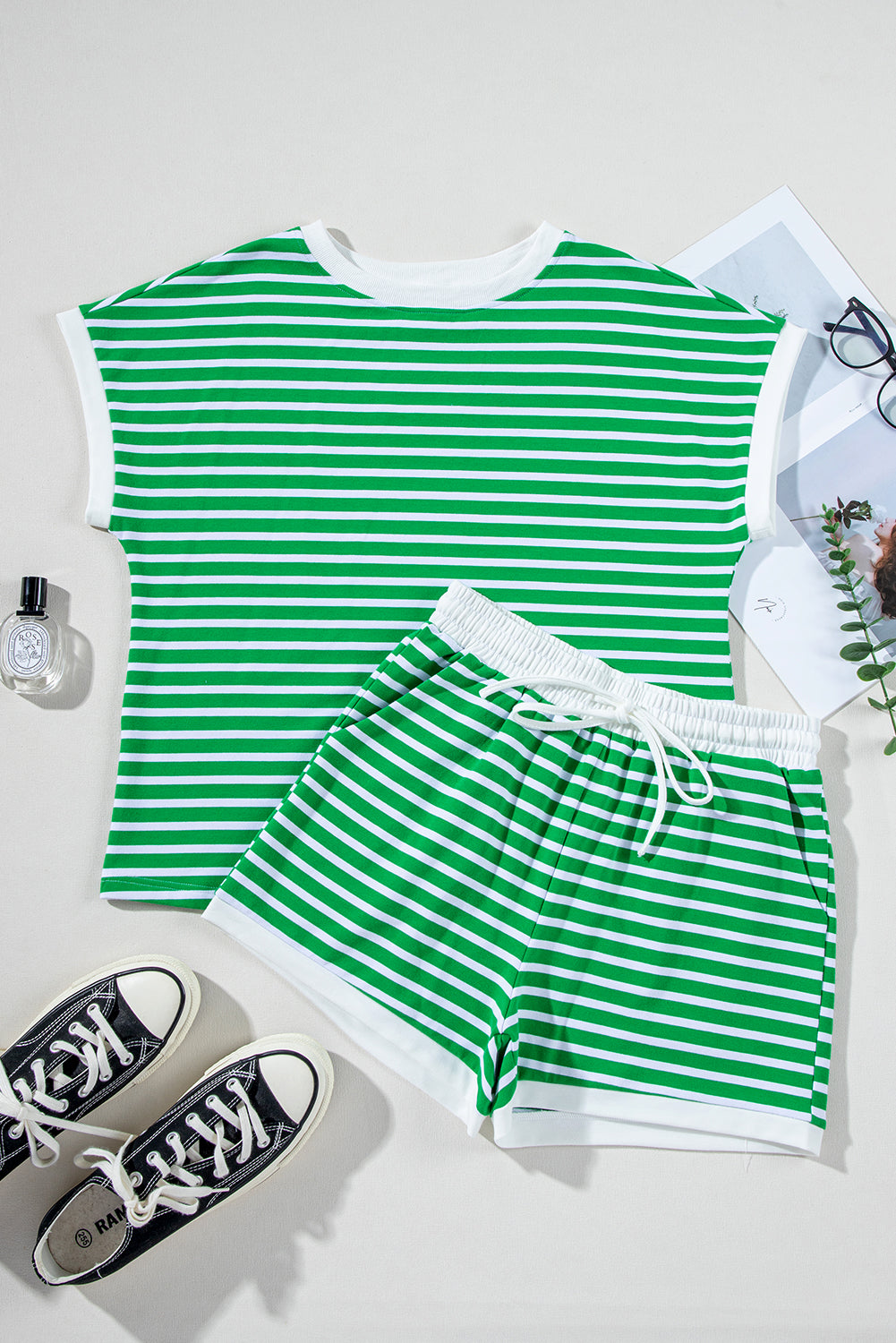 Dark Green Striped Cap Sleeve Tee and Shorts Set Short Sets JT's Designer Fashion