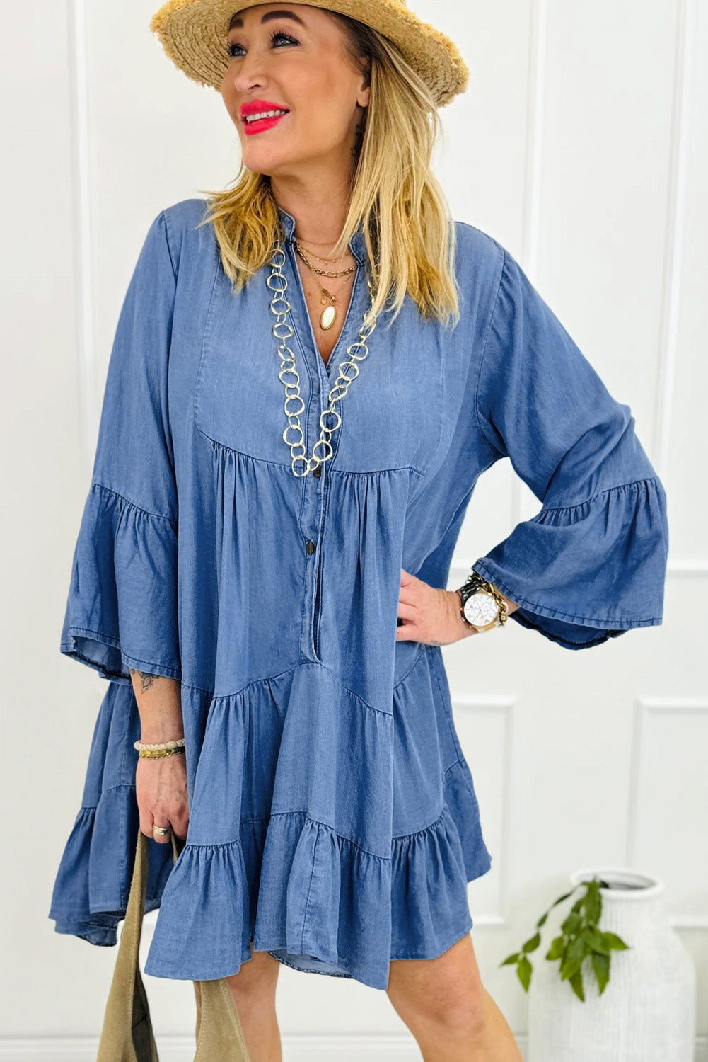 Sky Blue Chambray Ruffled 3/4 Sleeve Tiered Split V Neck Mini Dress Mini Dresses JT's Designer Fashion