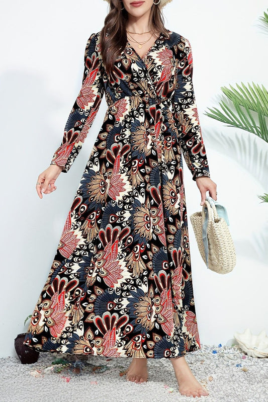 Black Floral Print V Neck Wrap High Waist Long Dress Black 100%Polyester Maxi Dresses JT's Designer Fashion