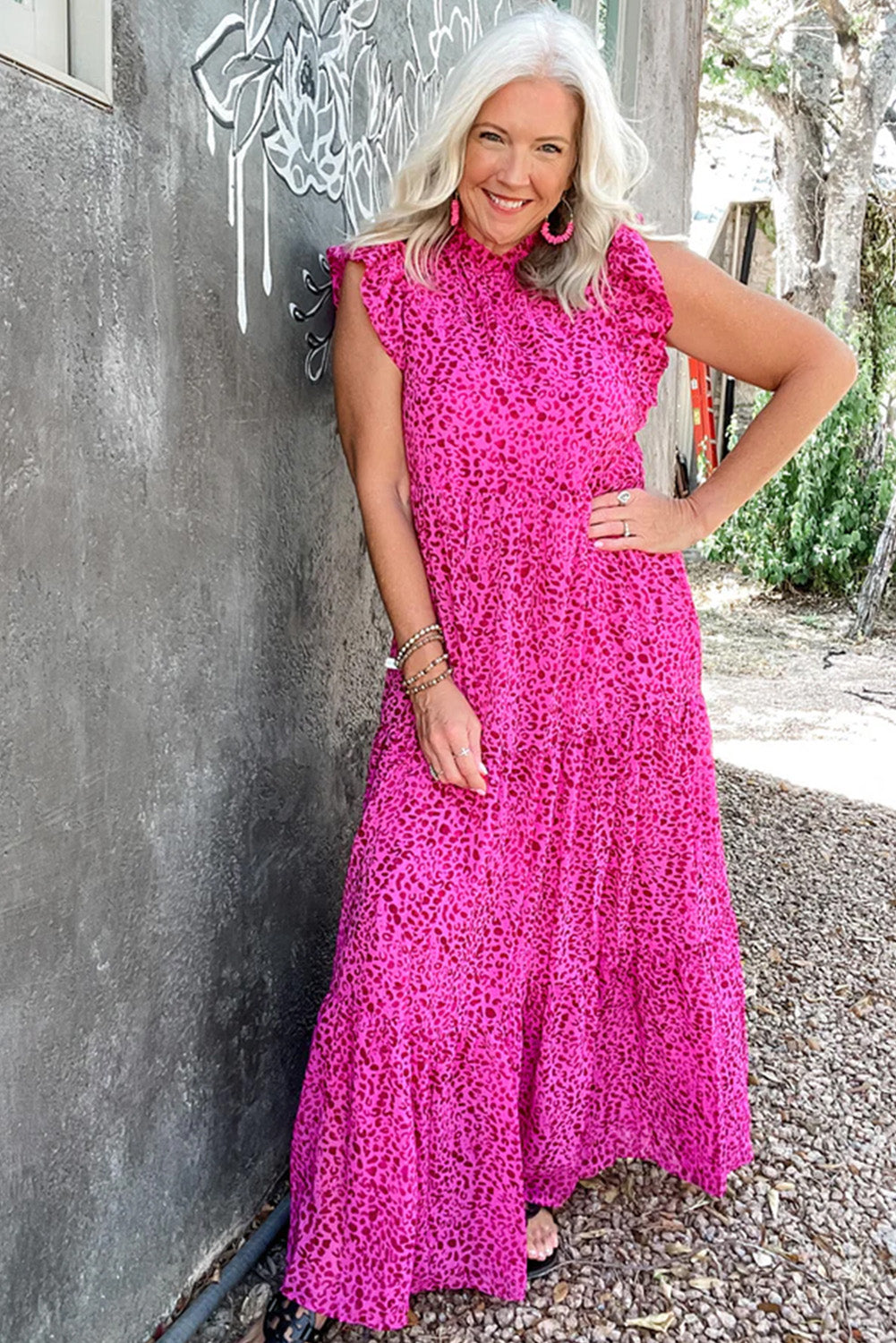 Rose Red Leopard Print Ruffled Trim Tiered Long Dress Maxi Dresses JT's Designer Fashion