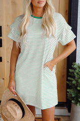 Green Stripe Ruffled Short Sleeve Crew Neck T Shirt Shift Mini Dress T Shirt Dresses JT's Designer Fashion