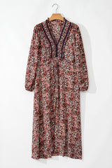 Brown Floral Print Split Front Tiered Frilled V Neck Midi Dress Floral Dresses JT's Designer Fashion