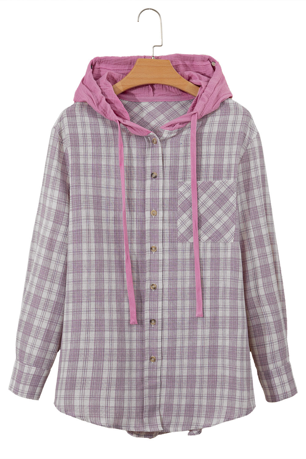 Pink Checkered Print Loose Fit Buttoned Hooded Shacket Plaid Shackets JT's Designer Fashion