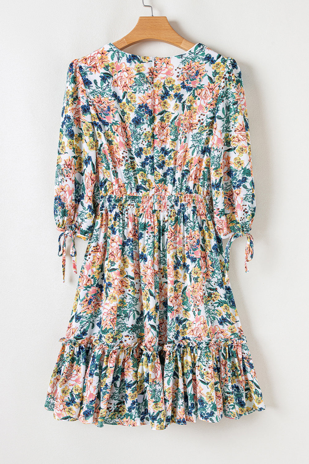 Sky Blue Floral 3/4 Sleeve V Neck High Waist Ruffled Dress Floral Dresses JT's Designer Fashion