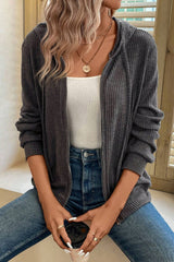 Dark Grey Ribbed Zip Up Front Drawstring Hoodie Sweatshirts & Hoodies JT's Designer Fashion