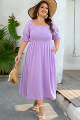 Wisteria Swiss Dot Smocked Frilled Neckline Short Sleeve Plus Size Dress Wisteria 100%Polyester Plus Size Maxi Dresses JT's Designer Fashion