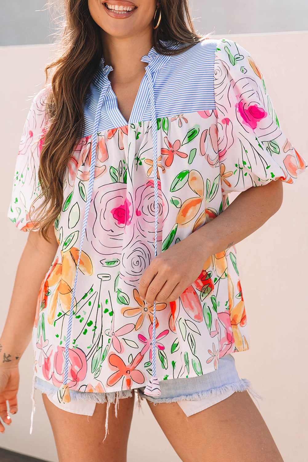 Multicolour Floral Print Striped Yoke Frilled V Neck Puff Short Sleeve Blouse Blouses & Shirts JT's Designer Fashion