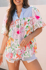 Multicolour Floral Print Striped Yoke Frilled V Neck Puff Short Sleeve Blouse Blouses & Shirts JT's Designer Fashion
