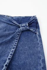 Sail Blue Acid Wash Asymmetric Twisted Wrapped Zipped Denim Skort Denim Shorts JT's Designer Fashion