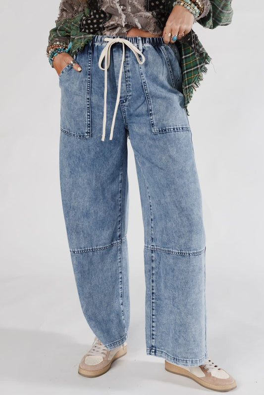 Ashleigh Blue Acid Wash Exposed Seam Drawstring Elastic Waistband Jeans Ashleigh Blue 75%Cotton+23%Polyester+2%Elastane Jeans JT's Designer Fashion