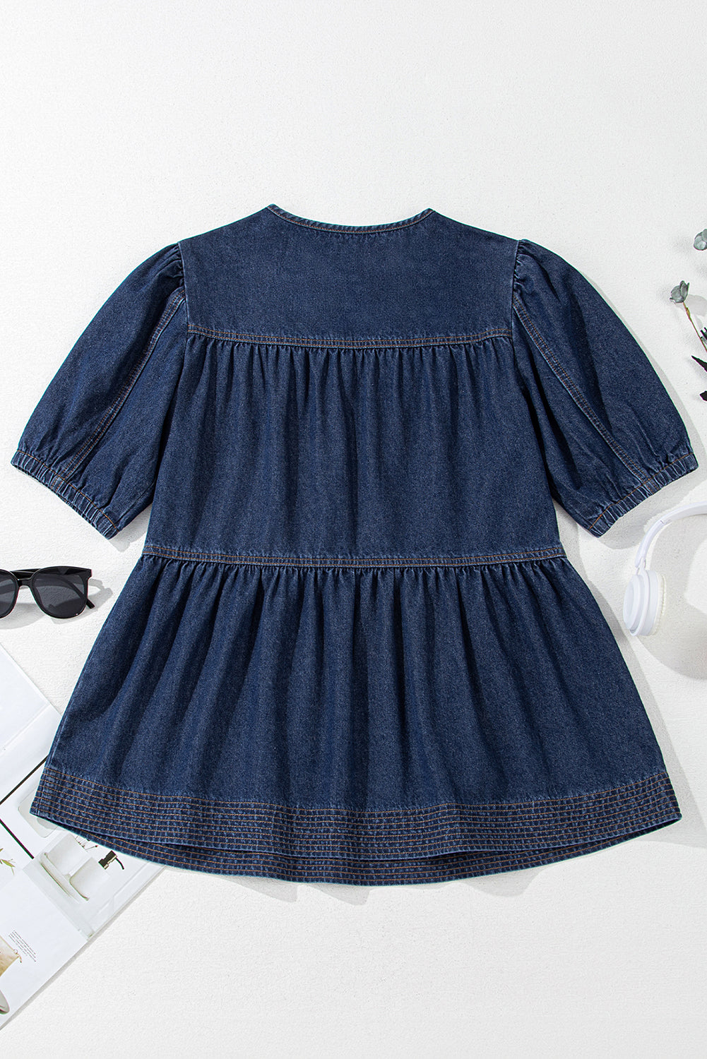 Sail Blue Puff Sleeve Lace-up Neckline Splicing Denim Blouse Blouses & Shirts JT's Designer Fashion