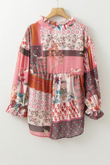 Red Boho Geometric Mixed Print Patchwork Bubble Sleeve Shirt Blouses & Shirts JT's Designer Fashion