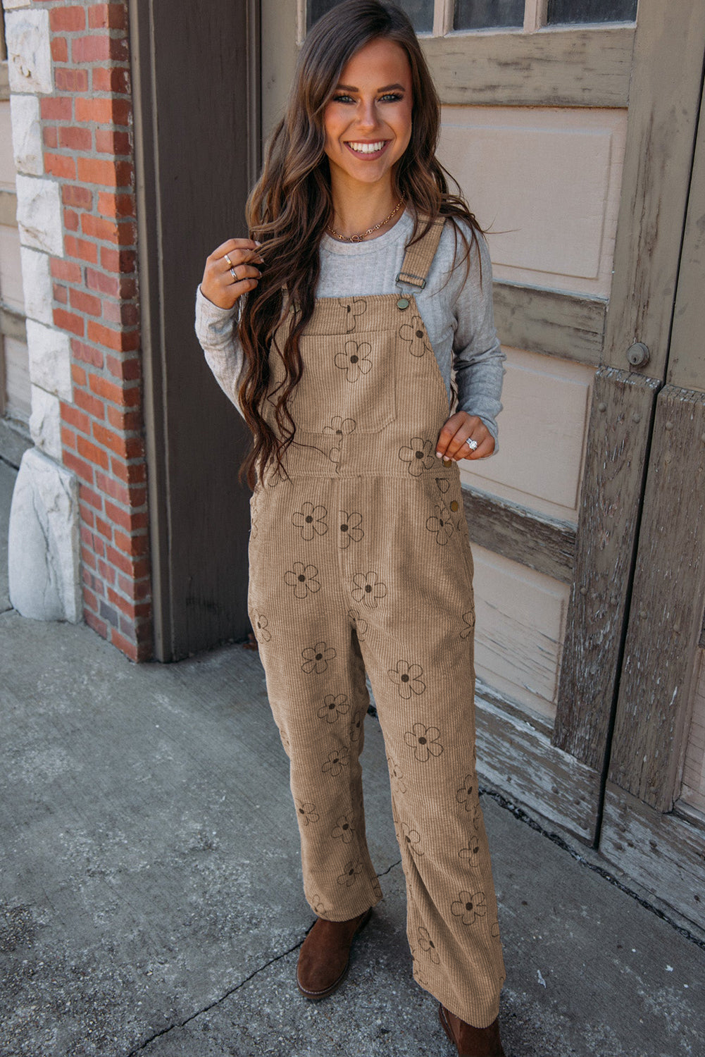 Khaki Flower Print Corduroy Overalls Jumpsuits & Rompers JT's Designer Fashion