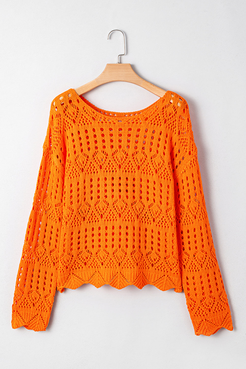 Carrot Solid Color Open Crochet Scallop Edge Sweater Sweaters JT's Designer Fashion