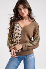 Brown Leopard Splicing Waffle Knit V Neck Top Long Sleeve Tops JT's Designer Fashion