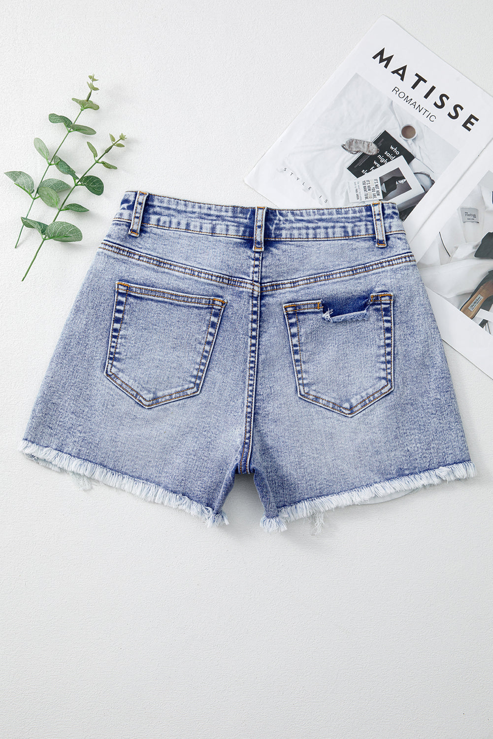 Beau Blue Pearl Studded Pockets Raw Hem Denim Shorts Denim Shorts JT's Designer Fashion