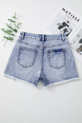 Beau Blue Pearl Studded Pockets Raw Hem Denim Shorts Denim Shorts JT's Designer Fashion